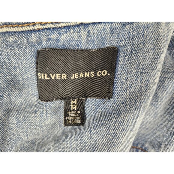 Silver Women's Denim Jacket With Hood Size Medium Trucker Strech - Picture 3 of 12